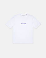 A Boy's Weirdcard Short Sleeve Tee by Volcom, featuring a classic fit in plain white with "VOLCOM" and a small logo printed in purple on the chest, crafted from premium ring-spun cotton and shown on a light gray background.