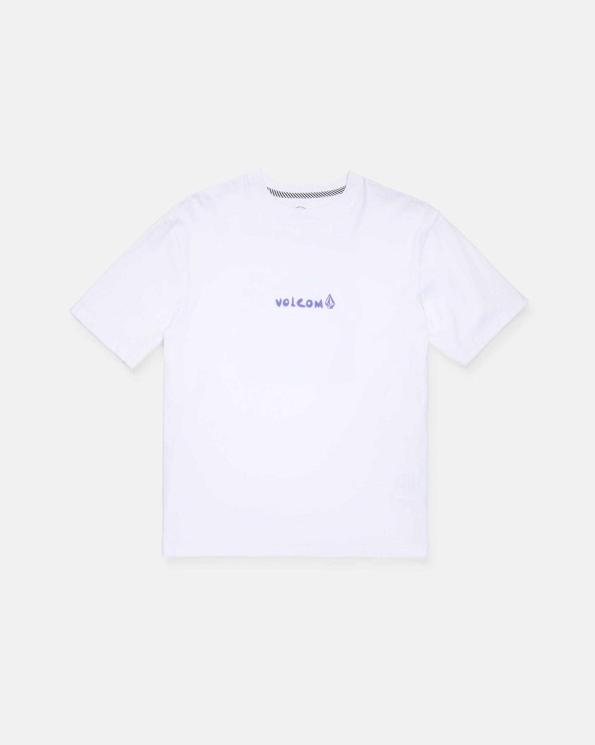 A Boy's Weirdcard Short Sleeve Tee by Volcom, featuring a classic fit in plain white with "VOLCOM" and a small logo printed in purple on the chest, crafted from premium ring-spun cotton and shown on a light gray background.