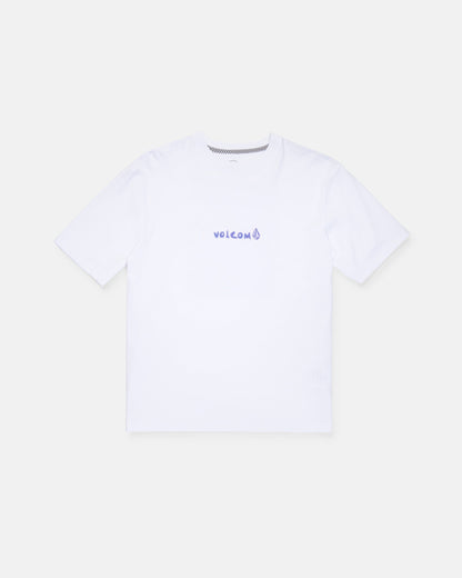 A Boy's Weirdcard Short Sleeve Tee by Volcom, featuring a classic fit in plain white with "VOLCOM" and a small logo printed in purple on the chest, crafted from premium ring-spun cotton and shown on a light gray background.