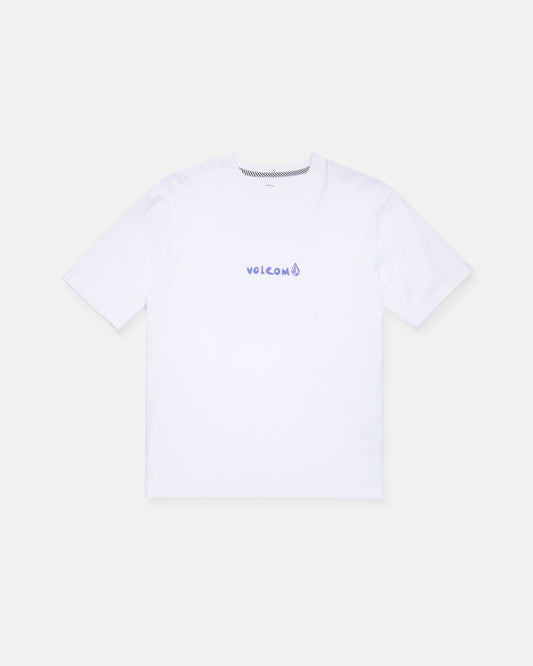 A Boy's Weirdcard Short Sleeve Tee by Volcom, featuring a classic fit in plain white with "VOLCOM" and a small logo printed in purple on the chest, crafted from premium ring-spun cotton and shown on a light gray background.