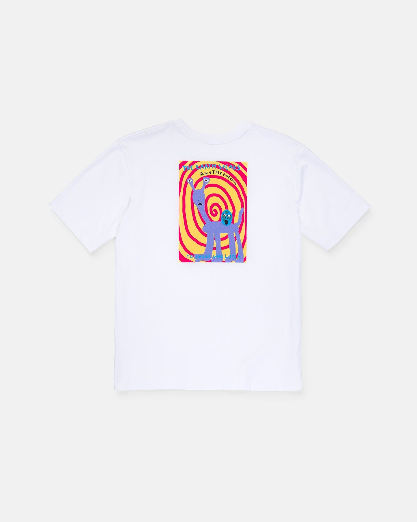 Introducing the Boy's Weirdcard Short Sleeve Tee by Volcom. This classic fit white t-shirt is crafted from heavyweight, premium ring-spun cotton for superior comfort and durability. The back showcases a bold, psychedelic graphic featuring red and yellow spirals alongside an abstract blue figure, with “Nature is” printed above in blue letters—combining eye-catching style with high-quality construction.