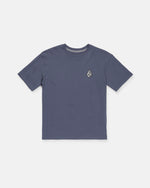 A Boy's Freshman Short Sleeve Tee by Volcom, featuring a plain dark blue design with short sleeves, made from premium ring-spun cotton, and accented with a small white and black embroidered logo on the left chest, displayed flat on a white background.