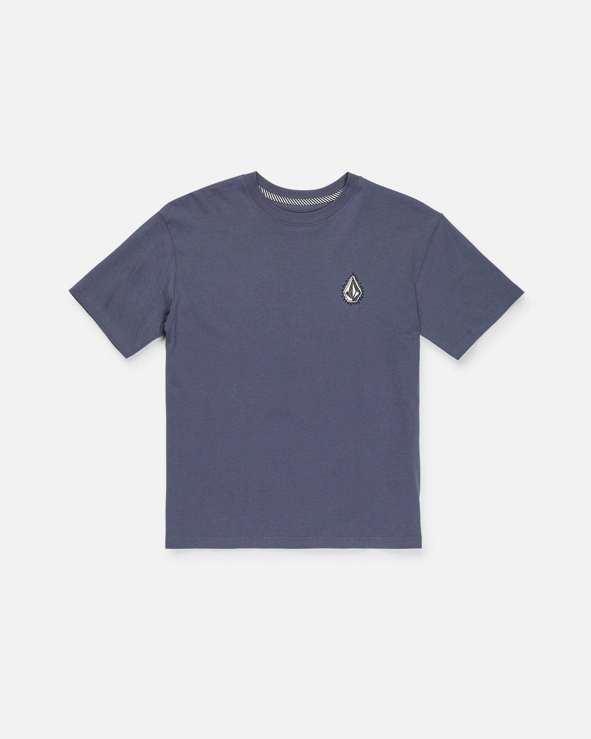 A Boy's Freshman Short Sleeve Tee by Volcom, featuring a plain dark blue design with short sleeves, made from premium ring-spun cotton, and accented with a small white and black embroidered logo on the left chest, displayed flat on a white background.
