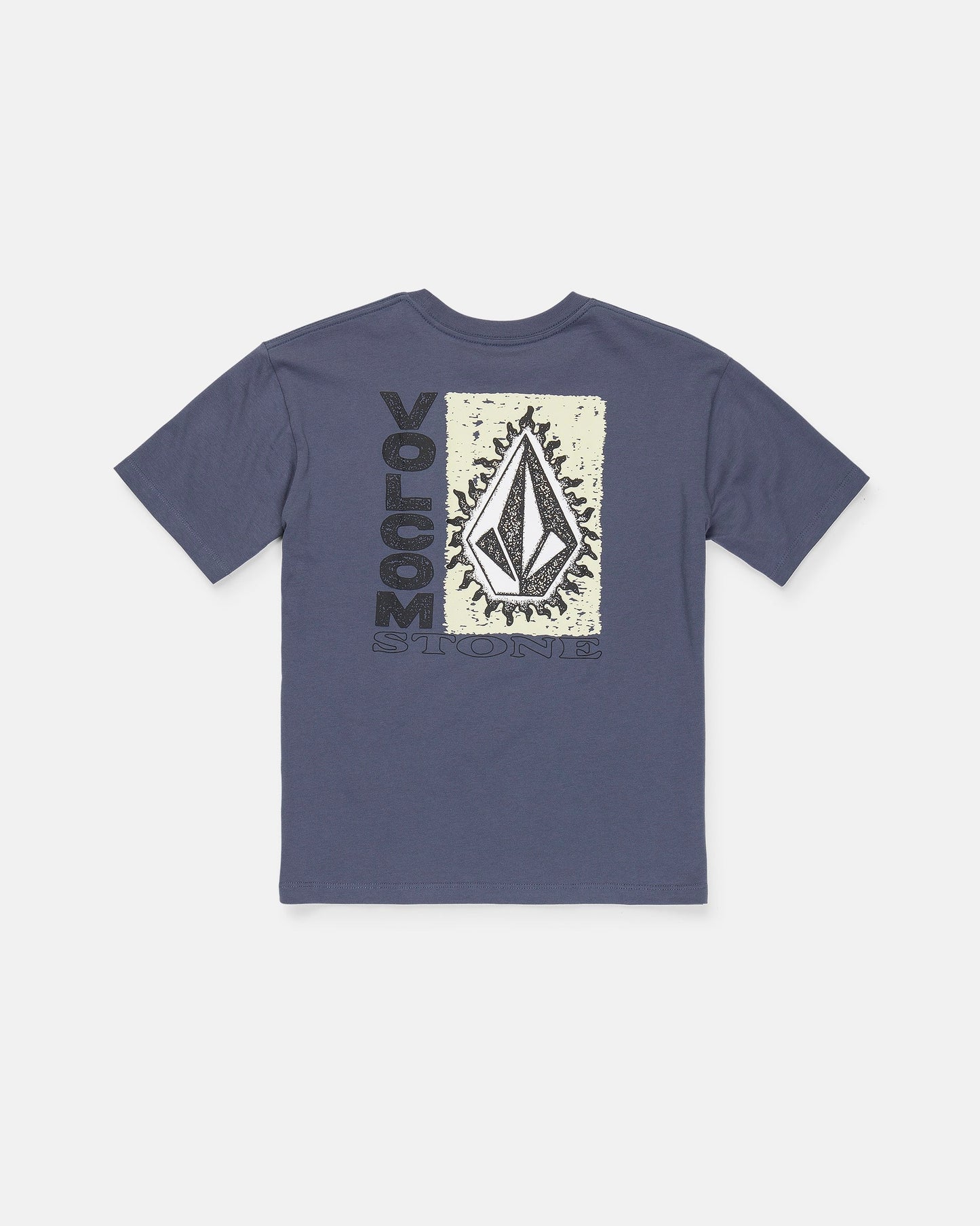 Here’s a revised version of the sentence using the provided product data: The Volcom Boy's Freshman Short Sleeve Tee is a blue, classic-fit shirt made from premium ring-spun cotton. It features a large Volcom Stone logo with black and cream abstract designs on the back, along with the word "VOLCOM" displayed vertically and "STONE" printed horizontally at the bottom.