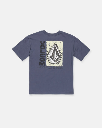 Here’s a revised version of the sentence using the provided product data: The Volcom Boy's Freshman Short Sleeve Tee is a blue, classic-fit shirt made from premium ring-spun cotton. It features a large Volcom Stone logo with black and cream abstract designs on the back, along with the word "VOLCOM" displayed vertically and "STONE" printed horizontally at the bottom.