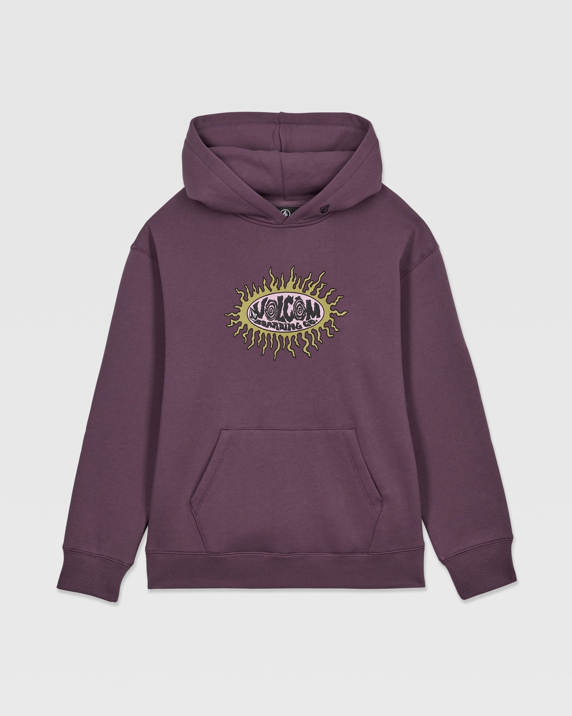 The Volcom Kids' Watanite Pullover is a heavyweight purple fleece hoodie with a front pocket and bold eye graphic with yellow-green flames on the chest—ideal for boys seeking standout style.