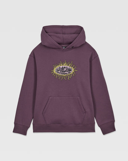The Volcom Kids' Watanite Pullover is a heavyweight purple fleece hoodie with a front pocket and bold eye graphic with yellow-green flames on the chest—ideal for boys seeking standout style.
