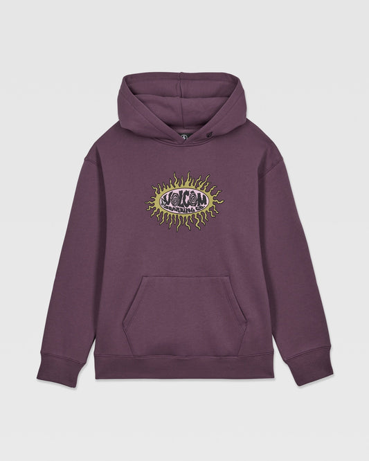 The Volcom Kids' Watanite Pullover is a heavyweight purple fleece hoodie with a front pocket and bold eye graphic with yellow-green flames on the chest—ideal for boys seeking standout style.
