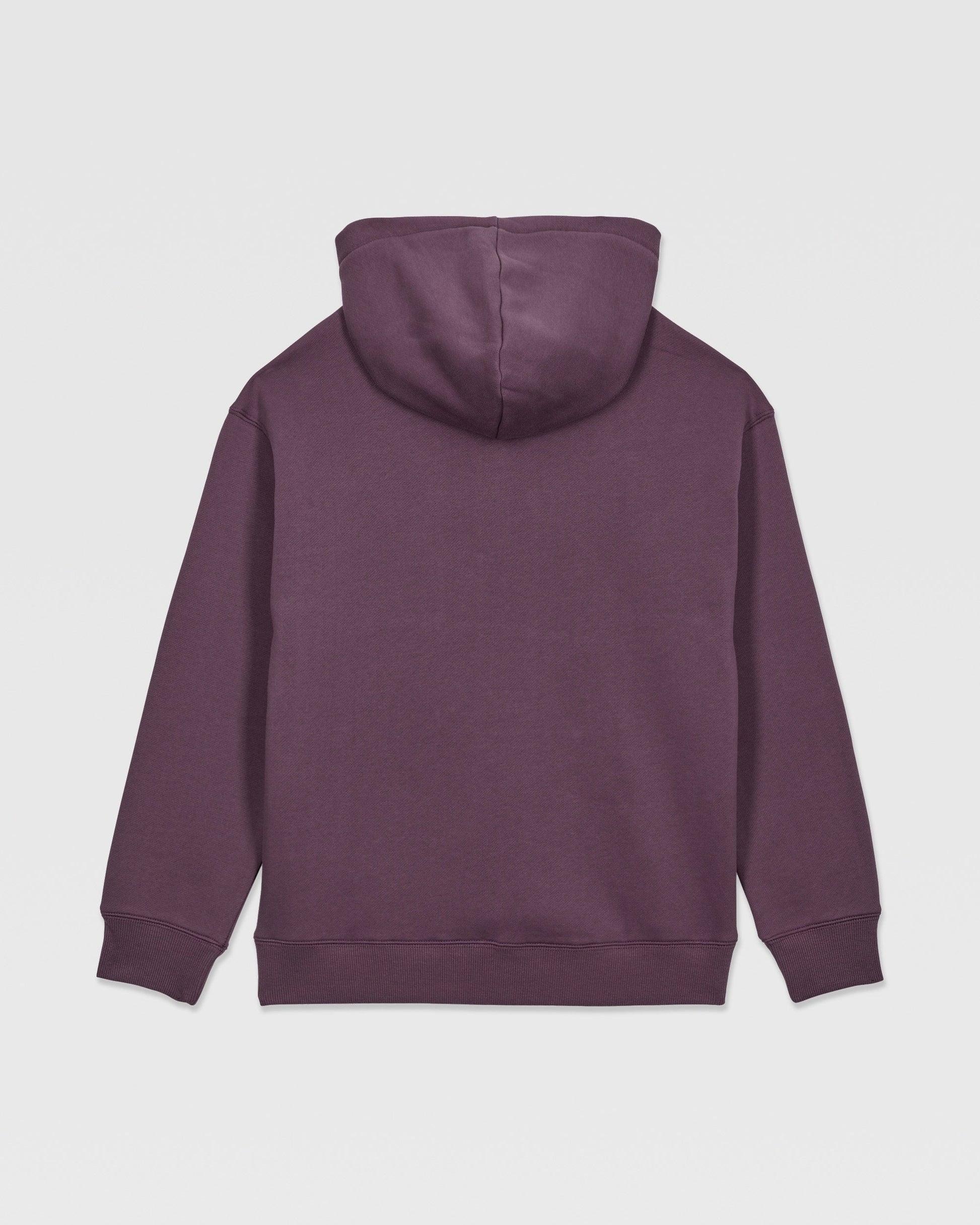 The Volcom Kids' Watanite Pullover is a plain, dark purple hoodie for boys, shown from the back. It features heavyweight fleece, a hood, long sleeves, and ribbed cuffs and waistband with no visible logos or designs.