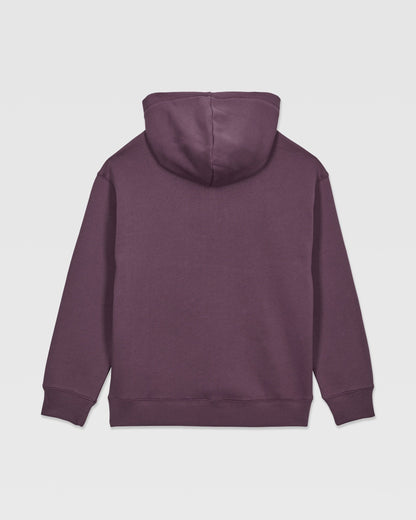 The Volcom Kids' Watanite Pullover is a plain, dark purple hoodie for boys, shown from the back. It features heavyweight fleece, a hood, long sleeves, and ribbed cuffs and waistband with no visible logos or designs.