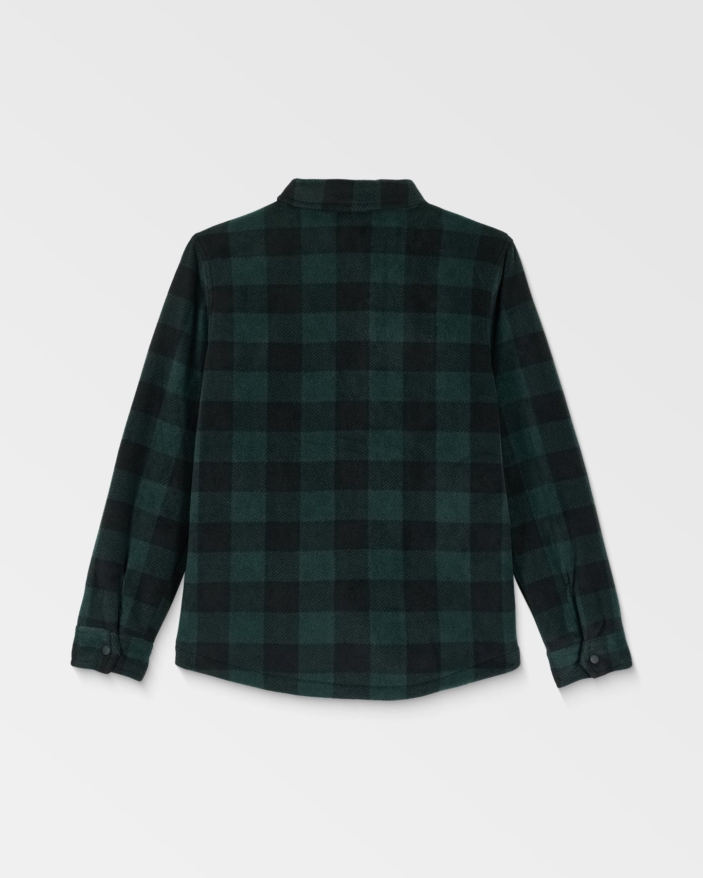 The Volcom Kids' Big Boys' Bowered Fleece Long Sleeve shirt features a green and black checkered pattern, shown from the back on a white background with a collar and buttoned cuffs.