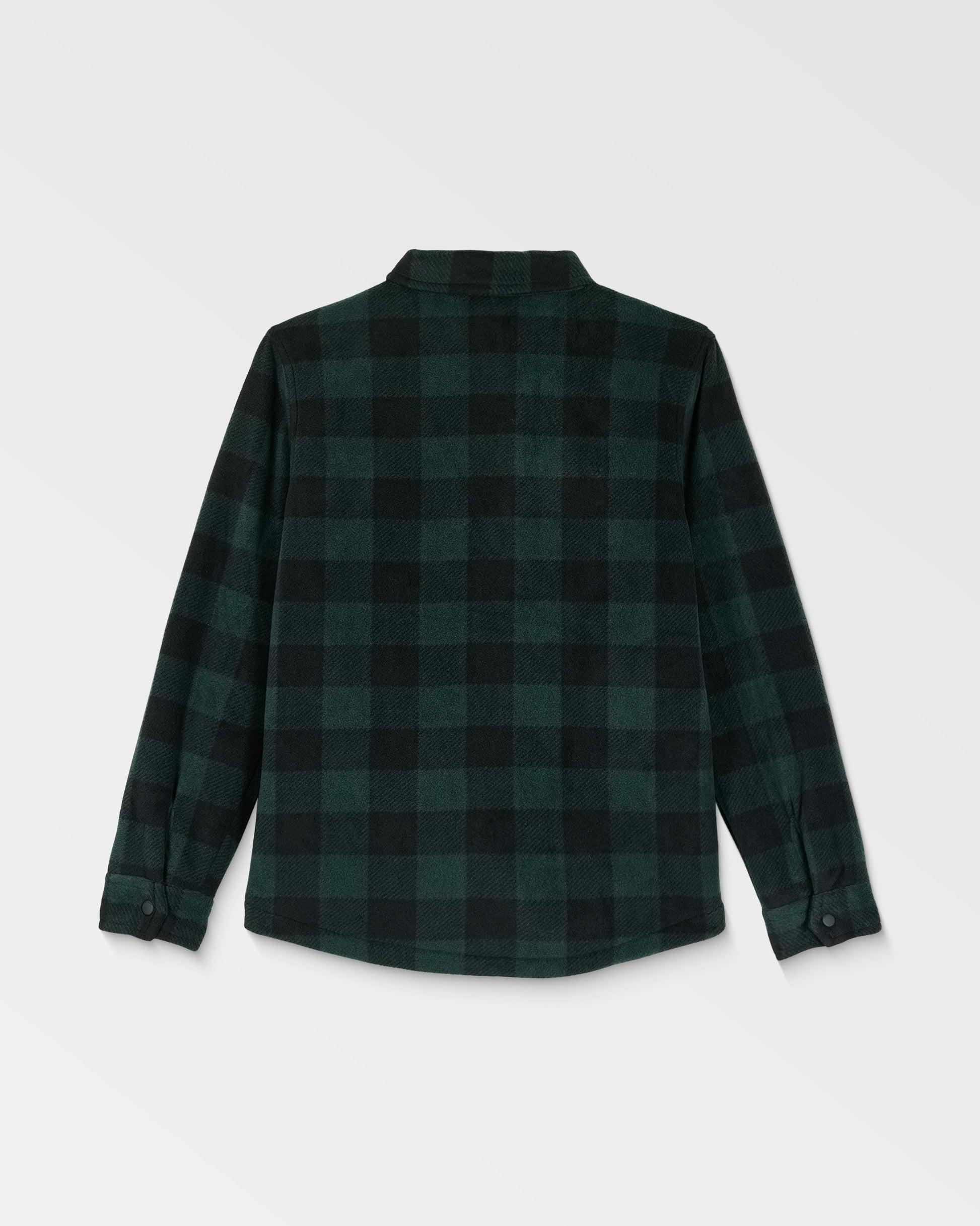 The Volcom Kids' Big Boys' Bowered Fleece Long Sleeve shirt features a green and black checkered pattern, shown from the back on a white background with a collar and buttoned cuffs.