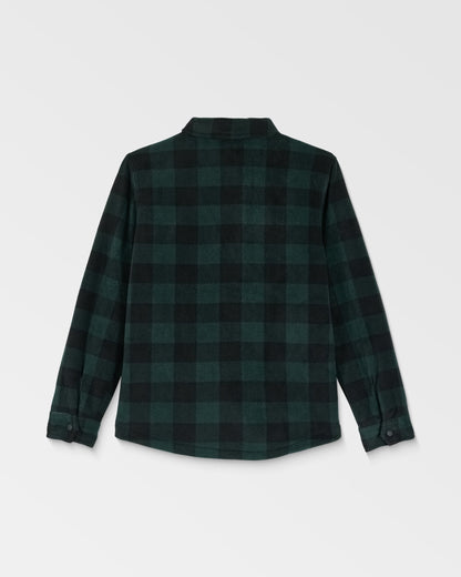 The Volcom Kids' Big Boys' Bowered Fleece Long Sleeve shirt features a green and black checkered pattern, shown from the back on a white background with a collar and buttoned cuffs.