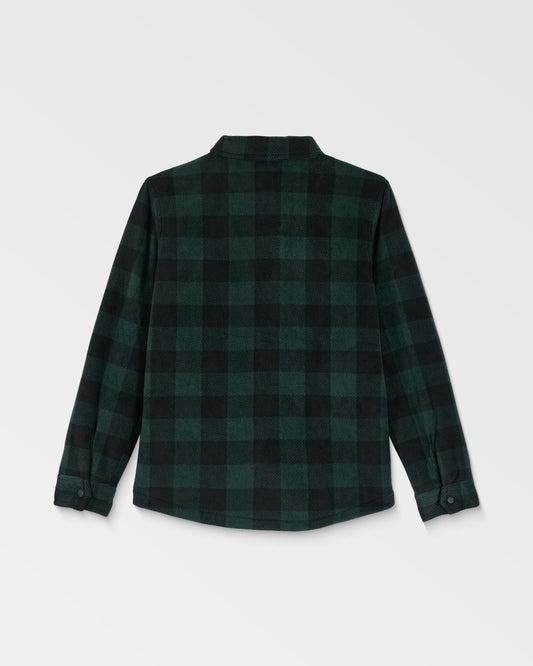 The Volcom Kids' Big Boys' Bowered Fleece Long Sleeve shirt features a green and black checkered pattern, shown from the back on a white background with a collar and buttoned cuffs.