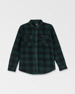 The Volcom Kids' Big Boys' Bowered Fleece Long Sleeve shirt, featuring a black and dark green checkered pattern and two chest pockets, is laid flat on a white background.