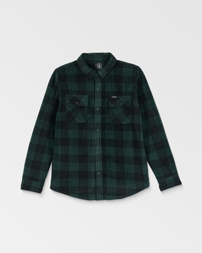 The Volcom Kids' Big Boys' Bowered Fleece Long Sleeve shirt, featuring a black and dark green checkered pattern and two chest pockets, is laid flat on a white background.