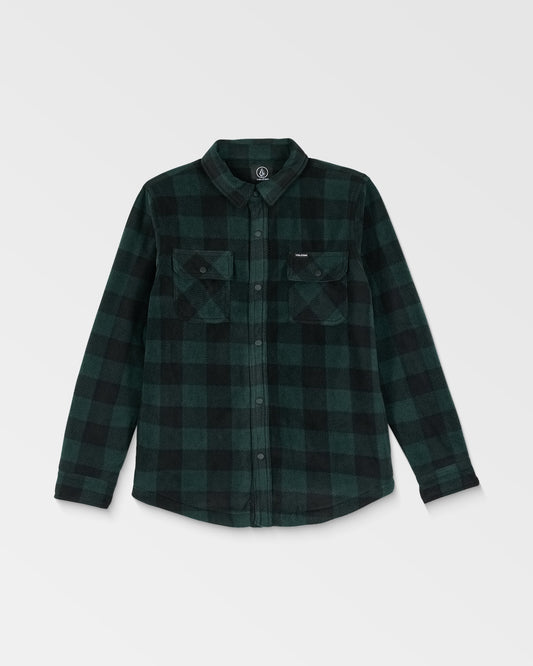 The Volcom Kids' Big Boys' Bowered Fleece Long Sleeve shirt, featuring a black and dark green checkered pattern and two chest pockets, is laid flat on a white background.