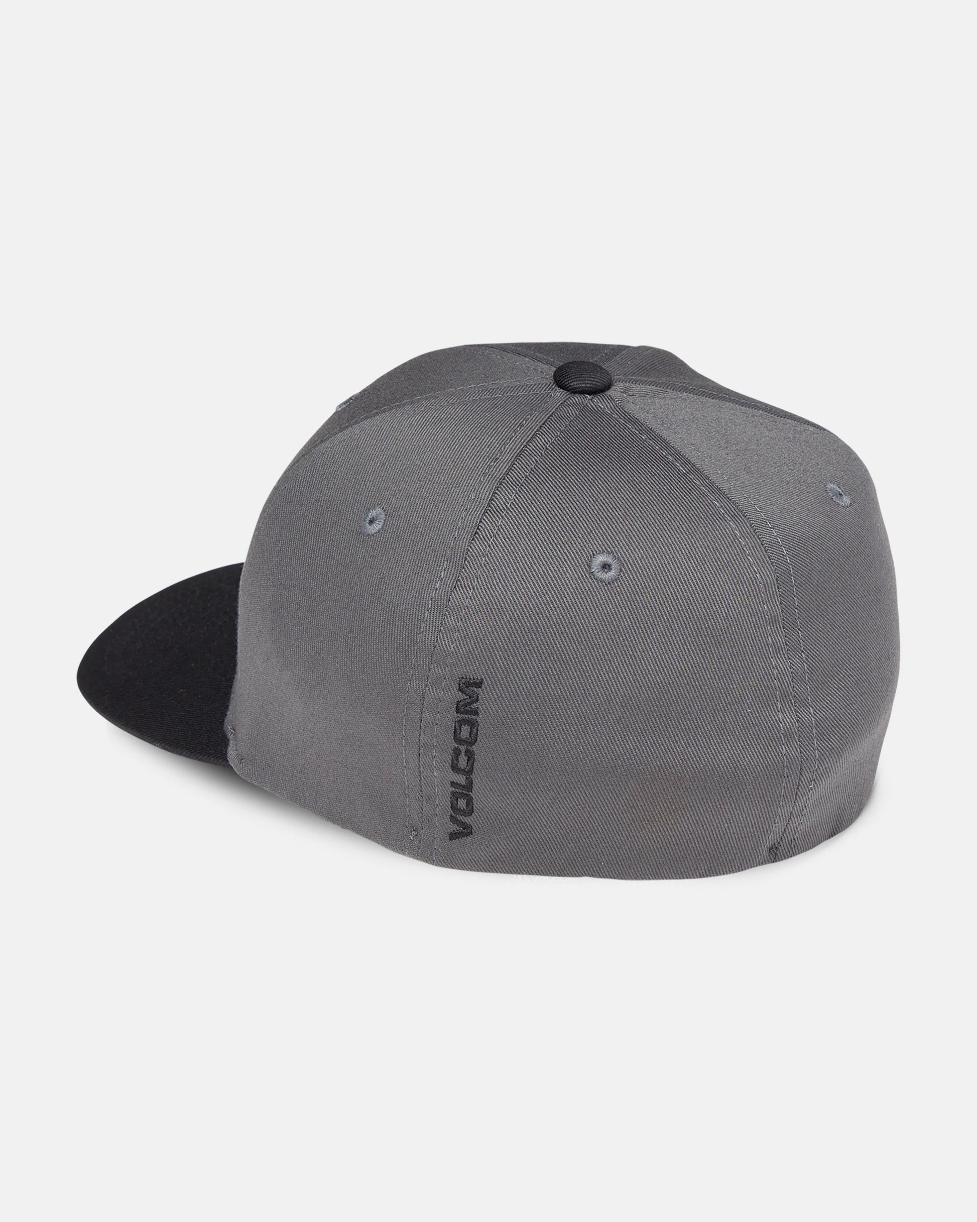 The Volcom Men's Full Stone Flexfit Hat is shown from the back in gray and black, featuring a black brim, a side Volcom logo in black, and a structured stretch twill build for comfort and an ideal fit.