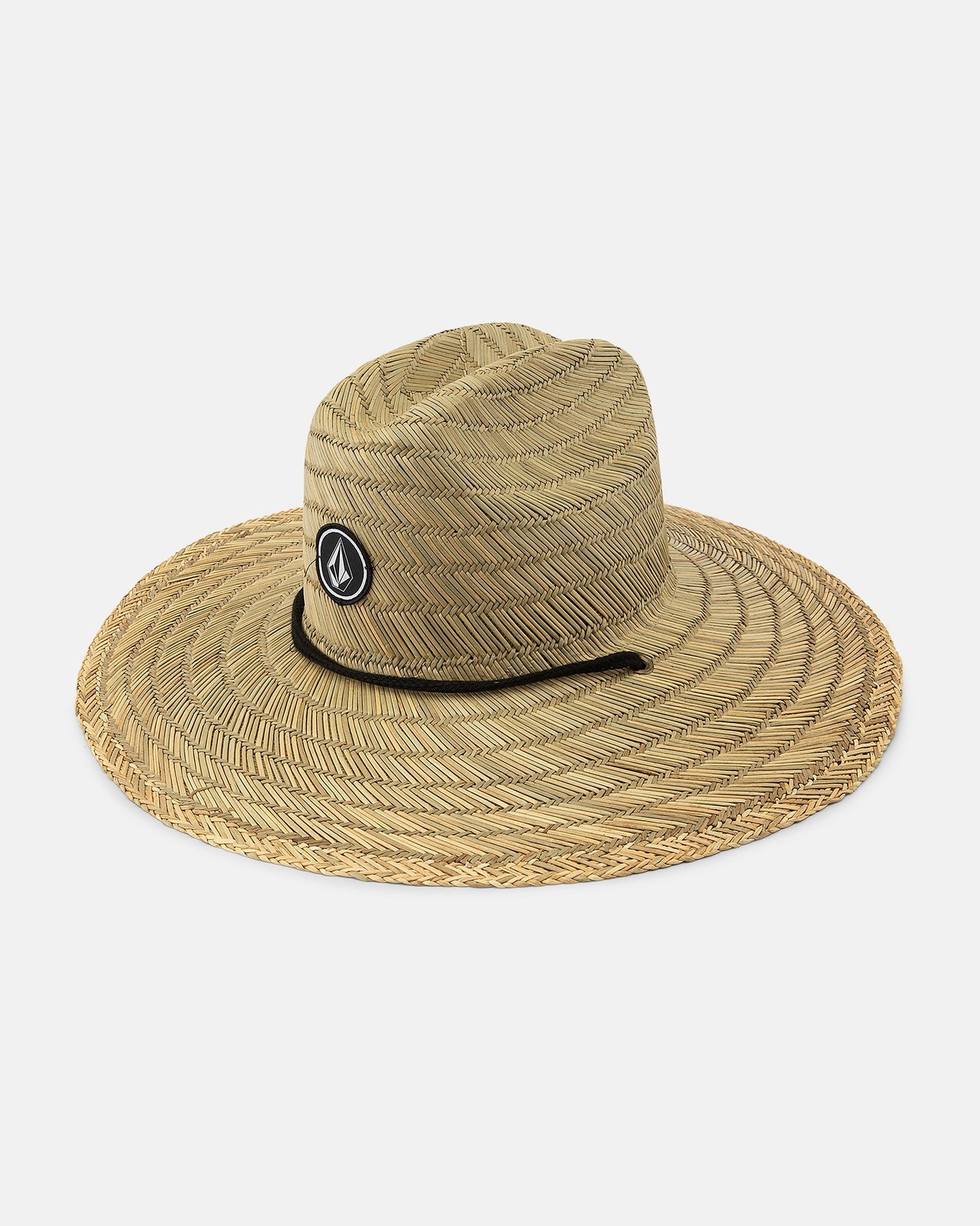 The Volcom Men's Quarter Straw Hat has a wide brim, a circular woven pattern, a front Stone logo patch, and an adjustable drawcord chin strap, shown on a white background.