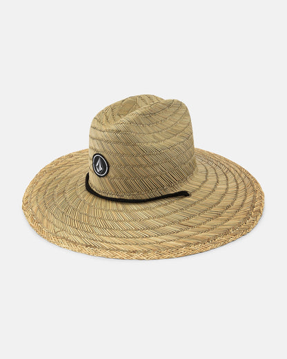 The Volcom Men's Quarter Straw Hat has a wide brim, a circular woven pattern, a front Stone logo patch, and an adjustable drawcord chin strap, shown on a white background.