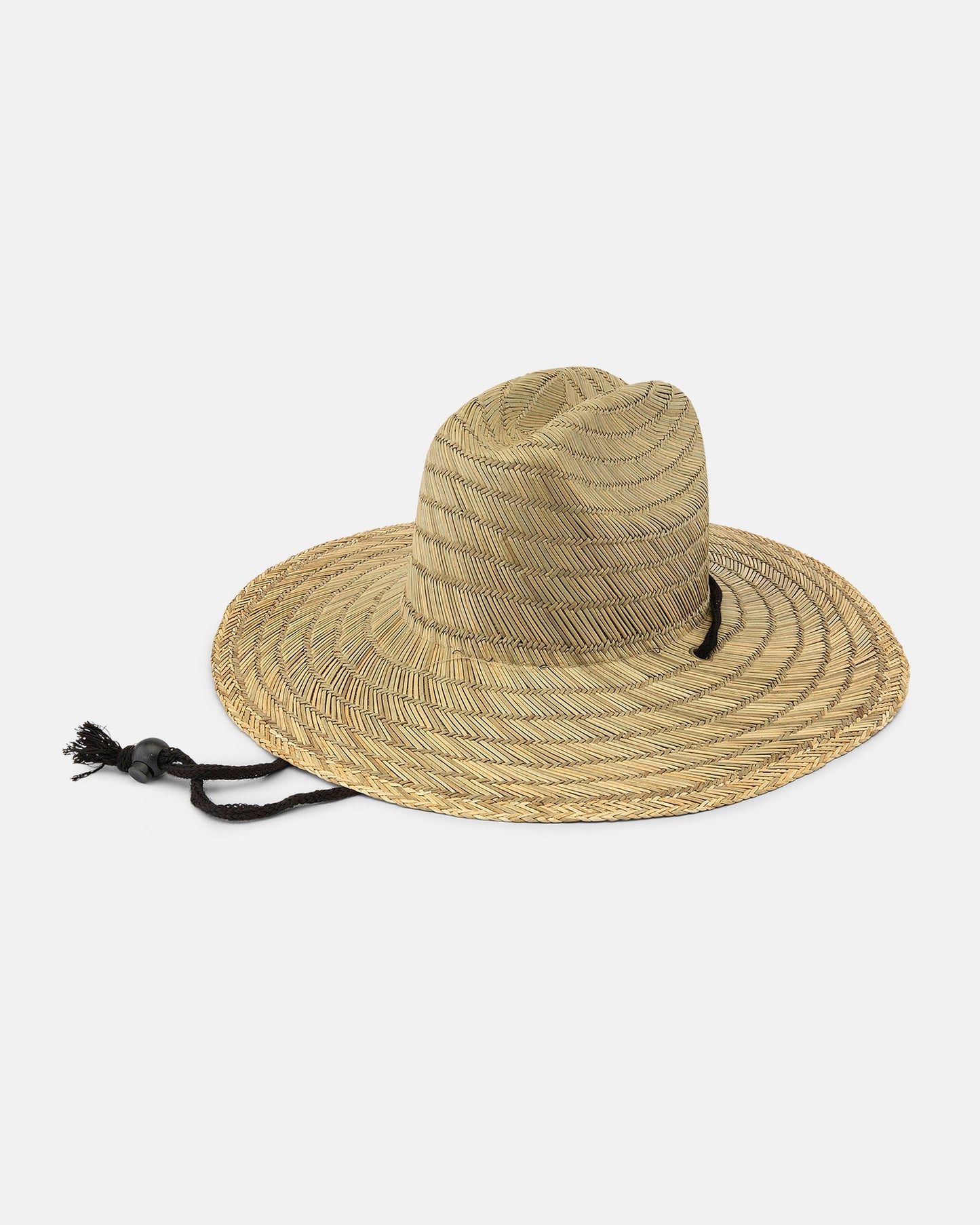 The Volcom Men's Quarter Straw Hat features a wide brim, black adjustable drawcord, and subtle Stone logo, shown against a white background.