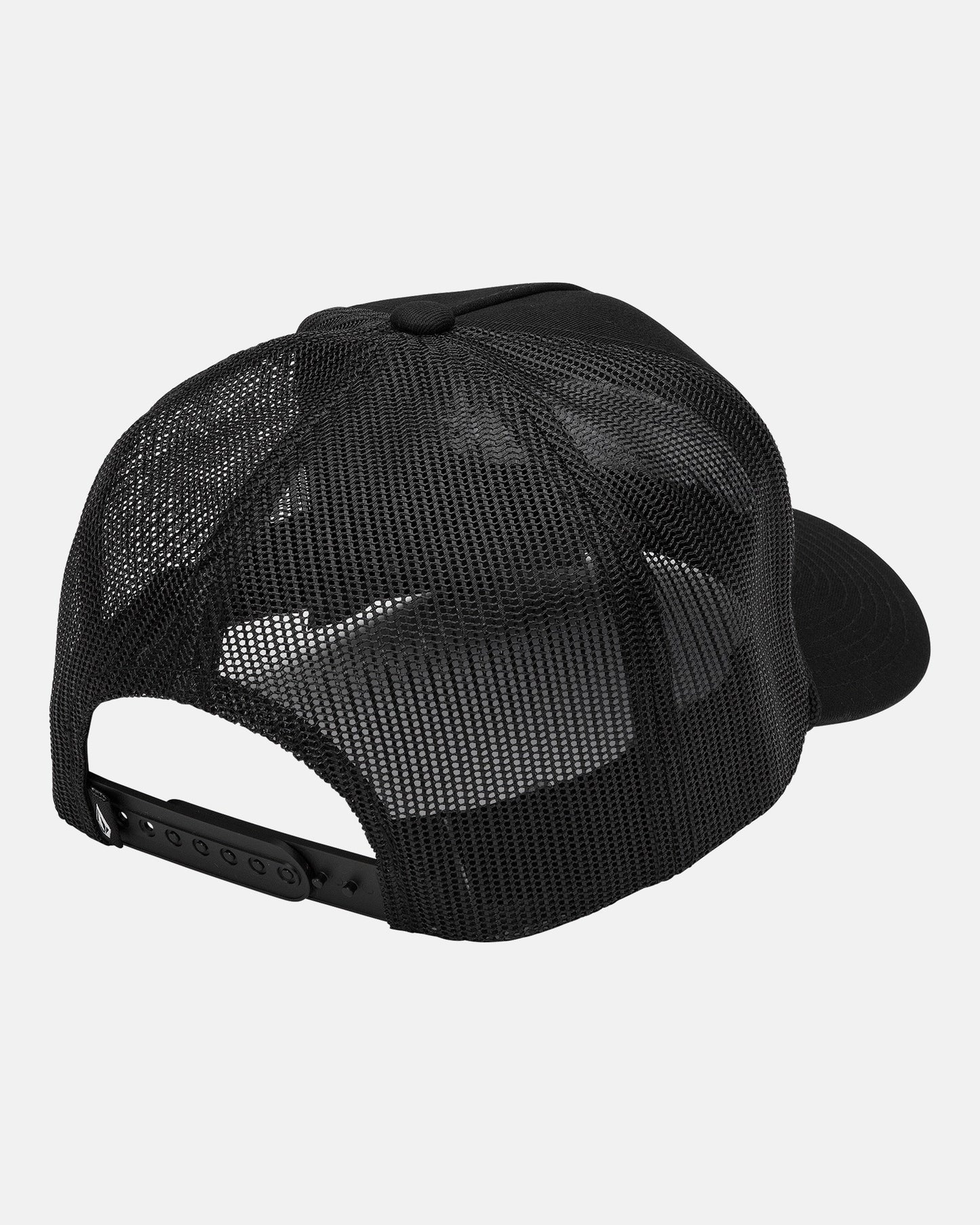 The Volcom Men's Road Tested Cheese Hat is shown from the back, featuring a black polyester mesh snapback and adjustable closure.