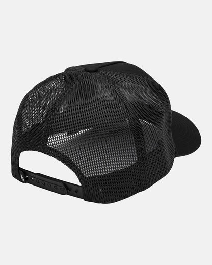The Volcom Men's Road Tested Cheese Hat is shown from the back, featuring a black polyester mesh snapback and adjustable closure.