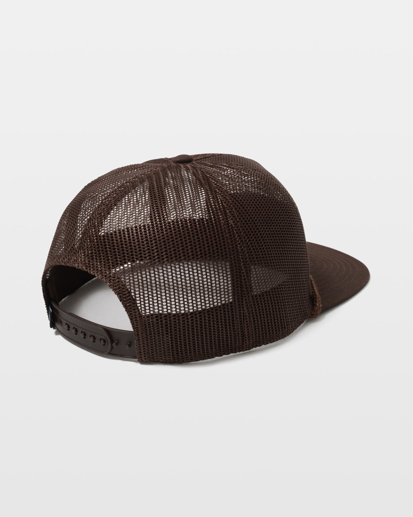 The Volcom Men's Hot Mesh Trucker is pictured from the back, highlighting its brown mesh panels for ventilation, plastic adjustable snap closure, and curved brim.