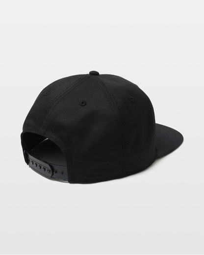 A black Volcom Men's Quarter Evo Twill snapback cap is shown from the back, with an adjustable plastic strap and curved brim, set against a plain white background.