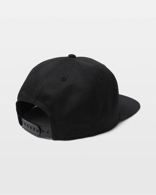 A black Volcom Men's Quarter Evo Twill snapback cap is shown from the back, with an adjustable plastic strap and curved brim, set against a plain white background.