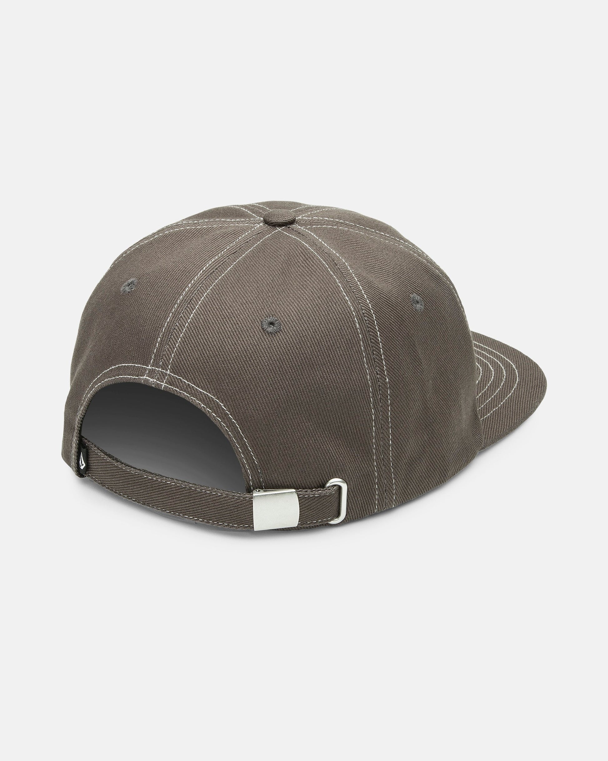 The Volcom Men's Star Shields Featured Artist Adjustable Hat is a brown 5-panel snapback, shown from the back with white stitching and a metal buckle strap against a plain light background.