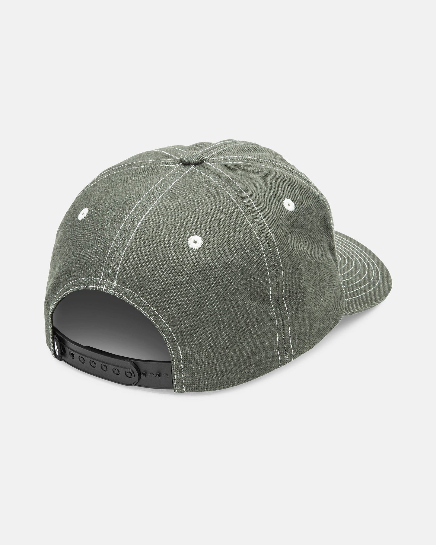 The Volcom Men's Chops Adjustable Hat is a dark green cotton twill baseball cap with white stitching, black snapback closure, white eyelets for ventilation, and subtle graphic embroidery at the back.