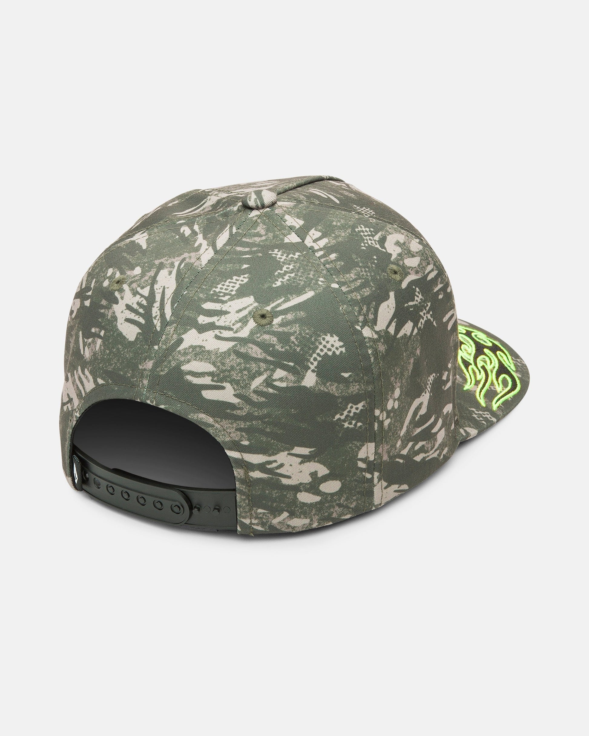 The Volcom Men's Beast Mode Adjustable Hat is shown from the back, featuring a green camouflage snapback design with a black strap and a neon green flame detail on the brim, crafted in sublimation-printed twill.