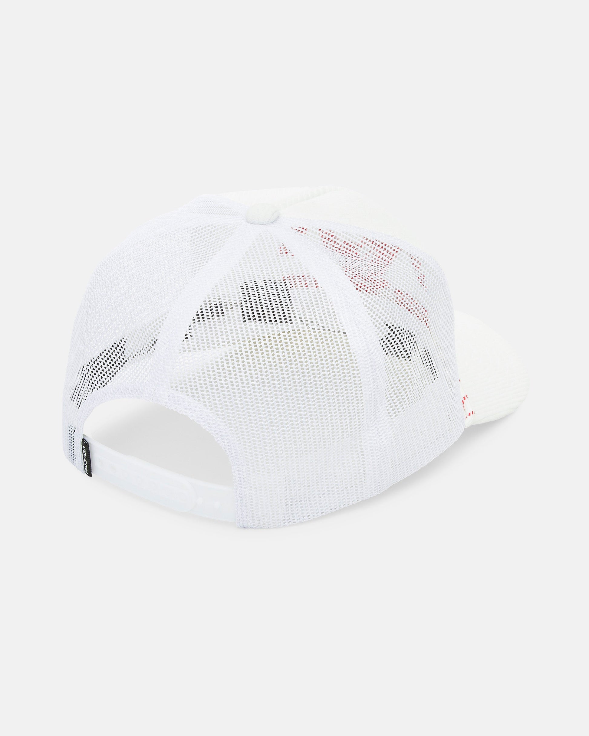 The Volcom Men's Shred Supply Trucker is a white mesh five-panel hat with a curved brim and plastic snapback closure, offering breathable, see-through mesh for comfort and style.