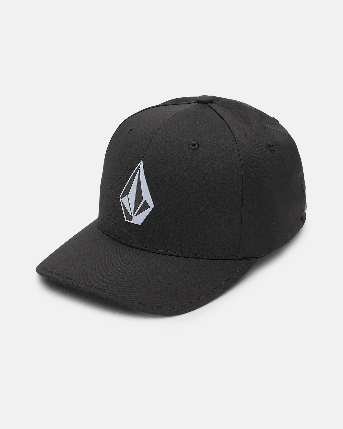 The Volcom Men's Stone Tech Flexfit Delta cap is black with a white geometric logo, featuring moisture-wicking technology for comfort, shown against a plain white background.