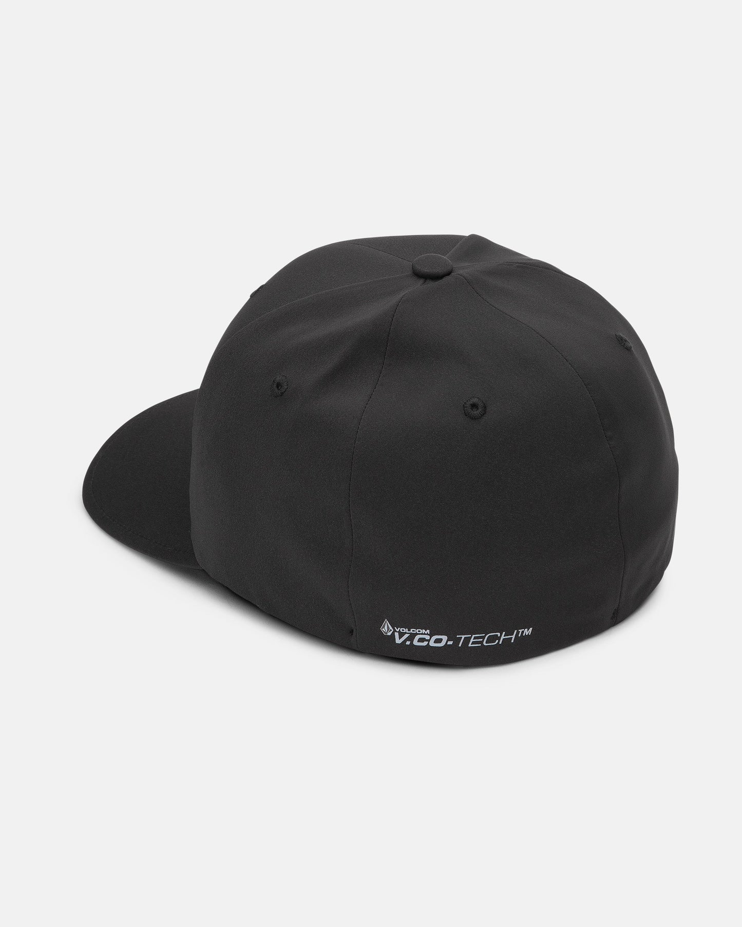 A black Volcom Men's Stone Tech Flexfit Delta cap shown from the back left, features small white “V.CO-TECH™” embroidery near the bottom edge. This moisture-wicking hat has a curved brim and black eyelets.