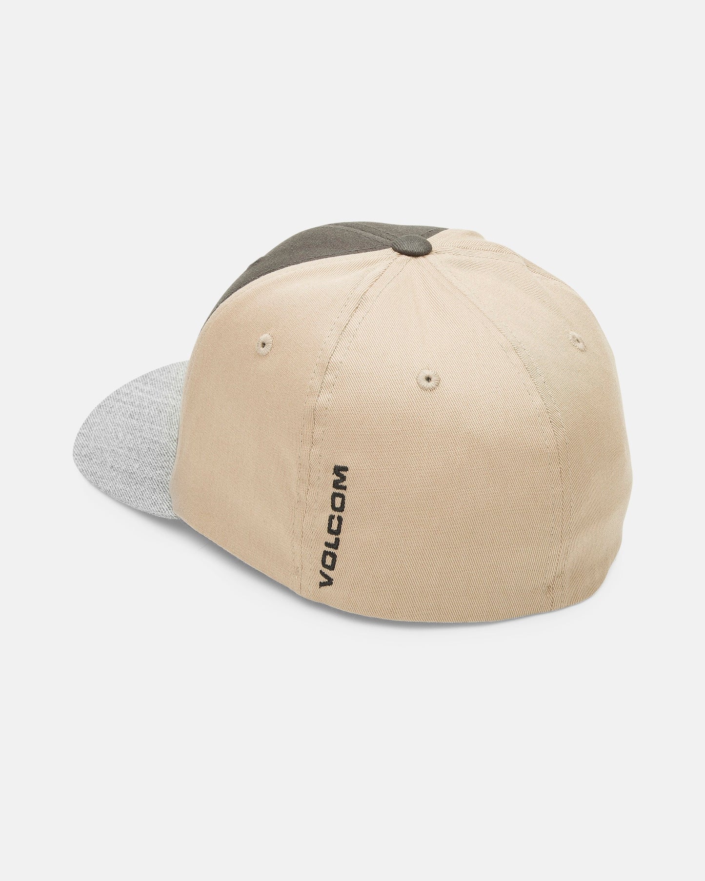 The Volcom Men's Full Stone Heather Flexfit Hat features six beige and gray panels, a dark green top button, two metal eyelets, and black "VOLCOM" embroidery on the back beige fabric.