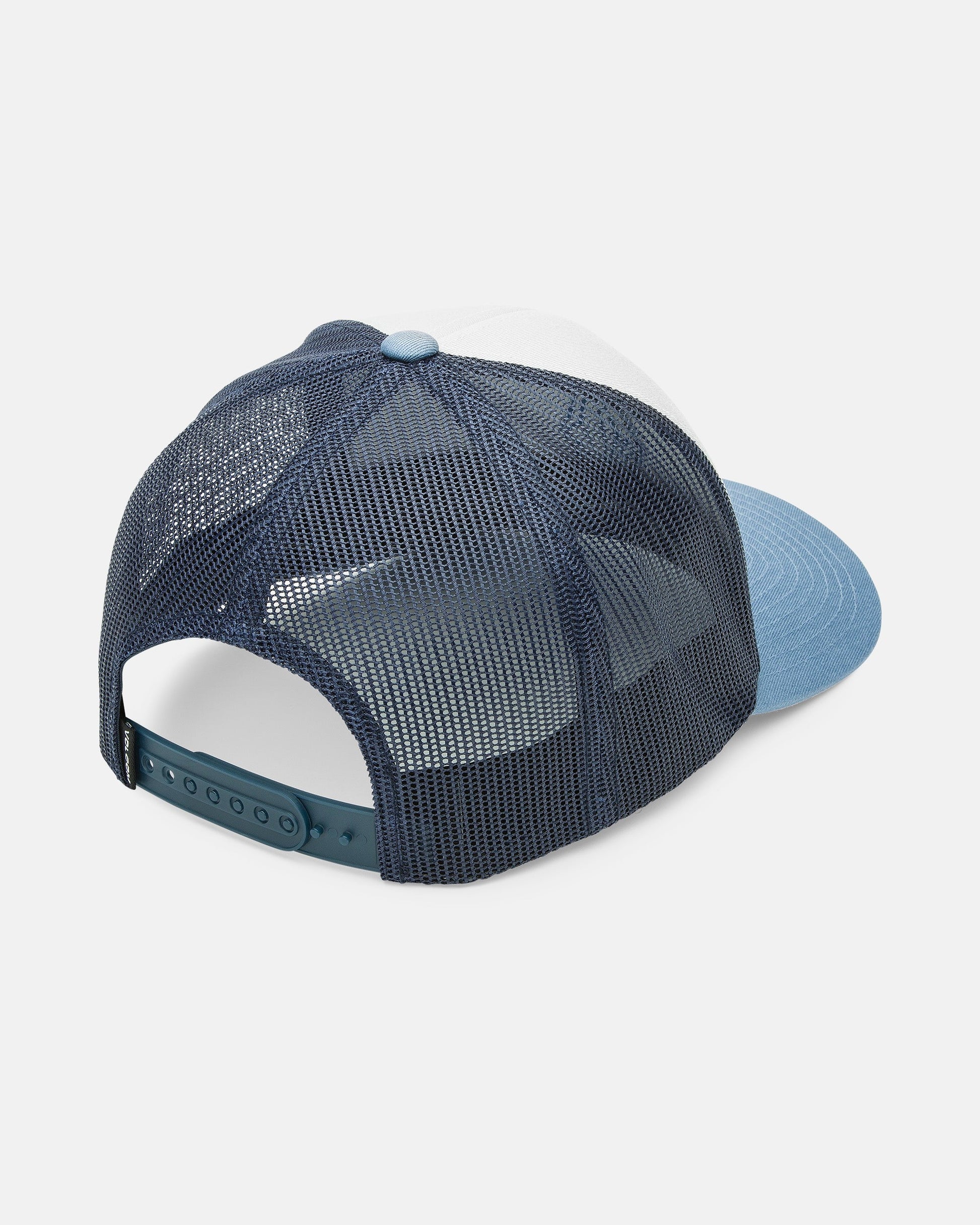 The Volcom Men's Full Stone Cheese trucker hat is shown from the back, featuring a blue and white design with mesh back panels, an adjustable snapback closure, and a light blue brim.