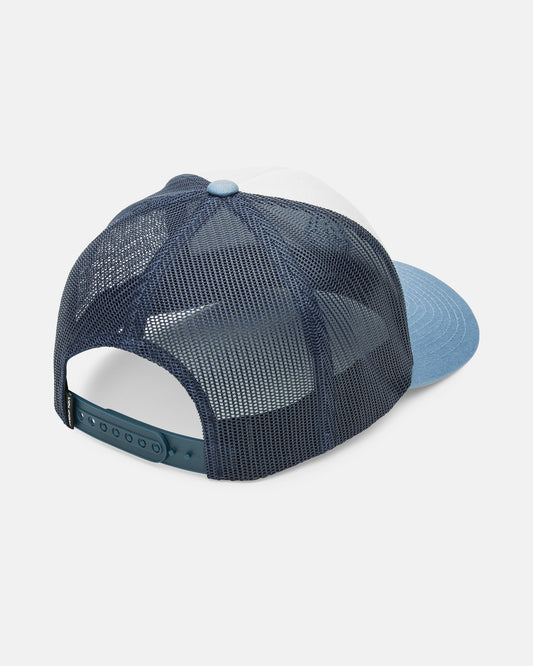 The Volcom Men's Full Stone Cheese trucker hat is shown from the back, featuring a blue and white design with mesh back panels, an adjustable snapback closure, and a light blue brim.