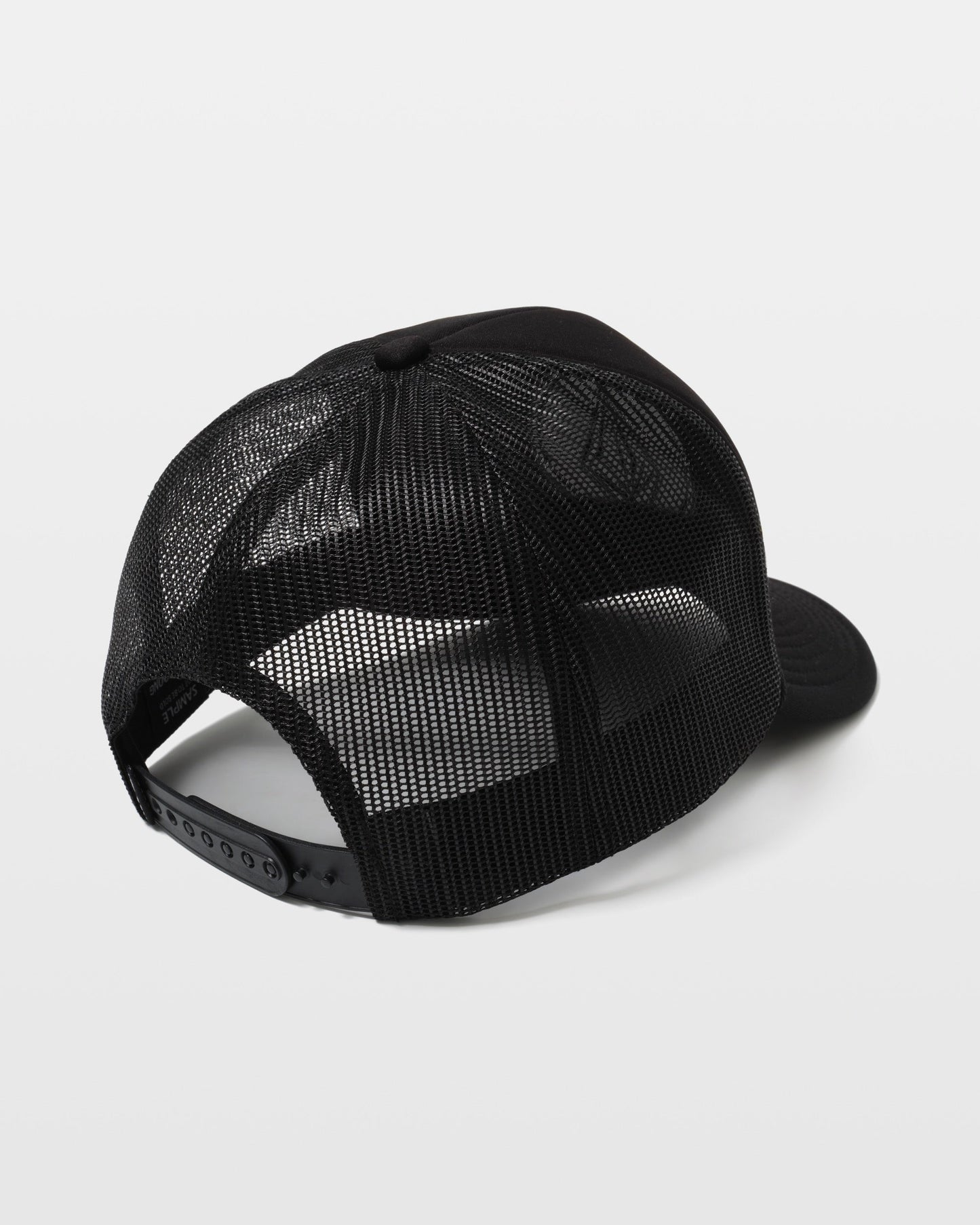 The Volcom Men's Coastal Hat is displayed from the back, highlighting its black 5-panel design, adjustable snapback closure, and breathable mesh panels against a plain white background.