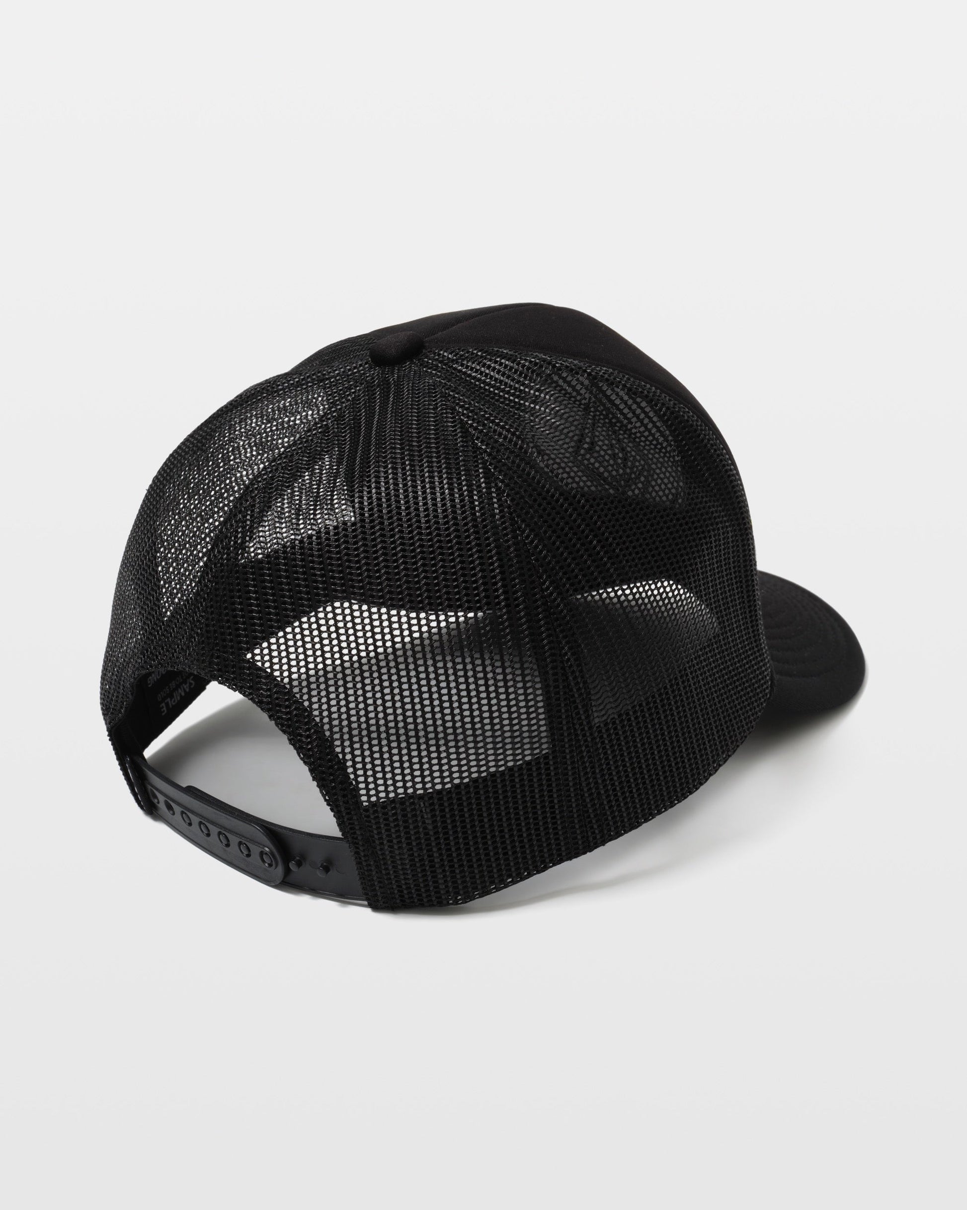 The Volcom Men's Coastal Hat is displayed from the back, highlighting its black 5-panel design, adjustable snapback closure, and breathable mesh panels against a plain white background.