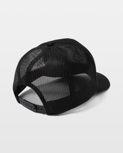 The Volcom Men's Coastal Hat is displayed from the back, highlighting its black 5-panel design, adjustable snapback closure, and breathable mesh panels against a plain white background.