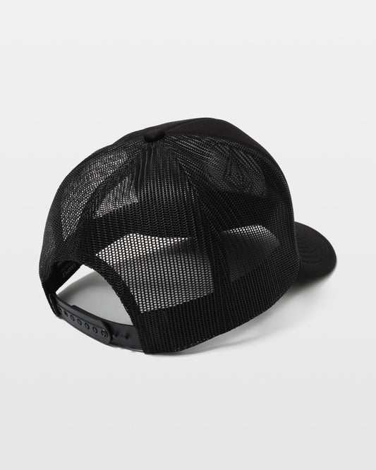 The Volcom Men's Coastal Hat is displayed from the back, highlighting its black 5-panel design, adjustable snapback closure, and breathable mesh panels against a plain white background.