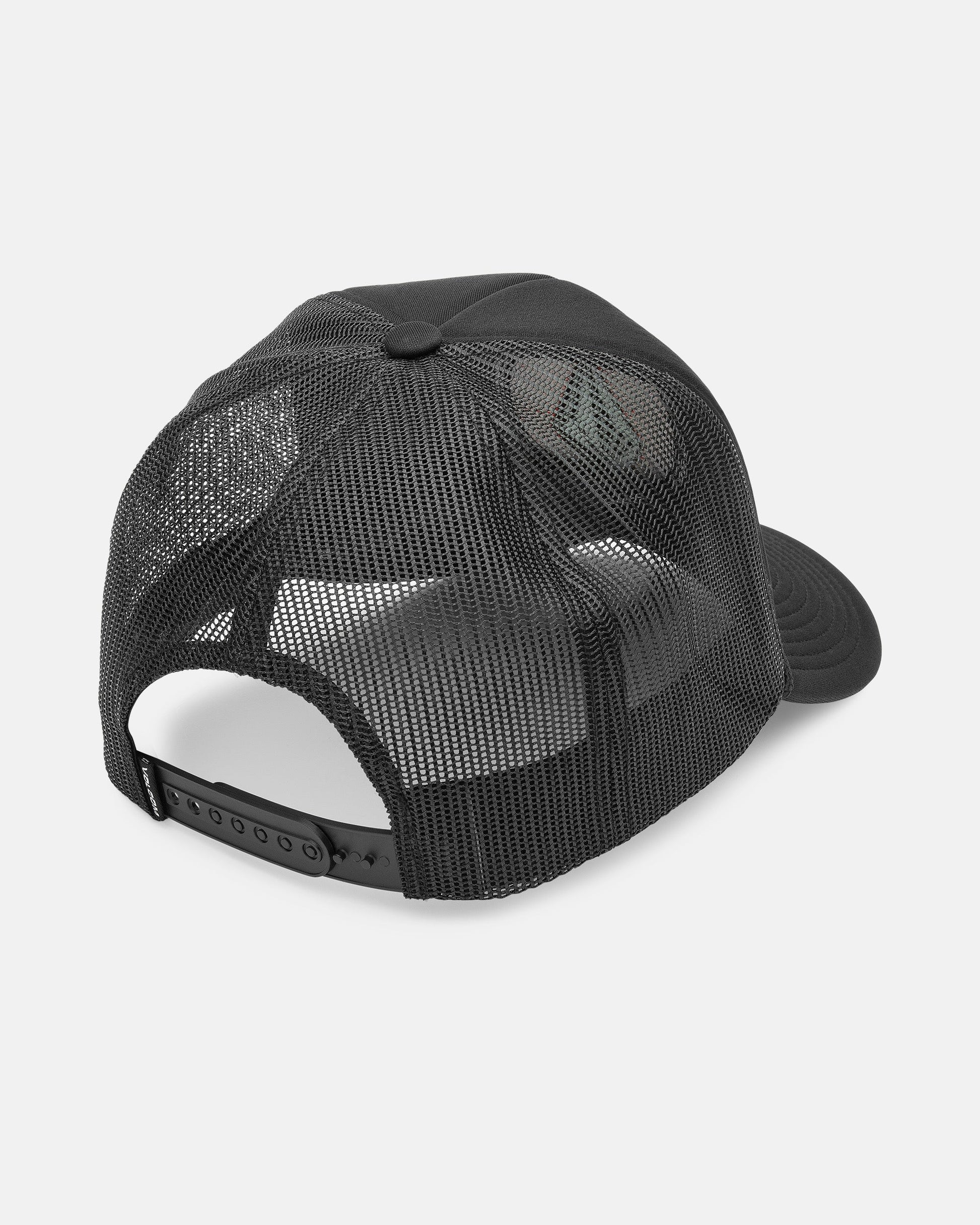 The Volcom Men's Coastal Hat is a black mesh trucker hat, shown from the back, with an adjustable snapback strap and breathable mesh panels in a classic 5-panel foam-structured design.