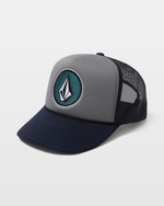 The Volcom Men's Coastal Hat is a gray and navy blue trucker cap with a black mesh back and a circular patch featuring a geometric logo on the front.