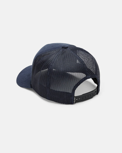 A Volcom Men's Overdrive Trucker is shown from the back in navy blue, featuring a breathable corduroy mesh design, an adjustable snapback closure, and a curved brim, all set against a plain white background.