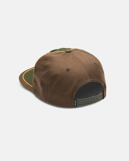 A rear view of the Volcom Men's V Line Adjustable Hat in brown and olive green, displaying its dark green adjustable plastic strap, cotton twill brown fabric panels, and a yellow accent line along the brim edge, set against a plain white background.