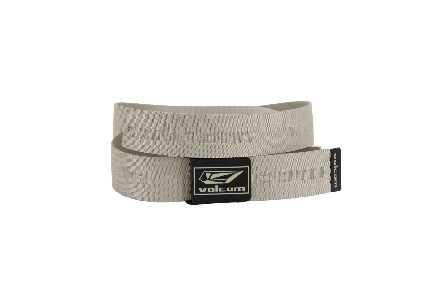 The Volcom Men's Modstone Web Belt is a beige belt with a metal clamp buckle featuring the Volcom logo, embossed "volcom" text repeating along the strap, and a hidden opener inside the buckle for added convenience.