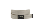 The Volcom Men's Modstone Web Belt is a beige belt with a metal clamp buckle featuring the Volcom logo, embossed "volcom" text repeating along the strap, and a hidden opener inside the buckle for added convenience.