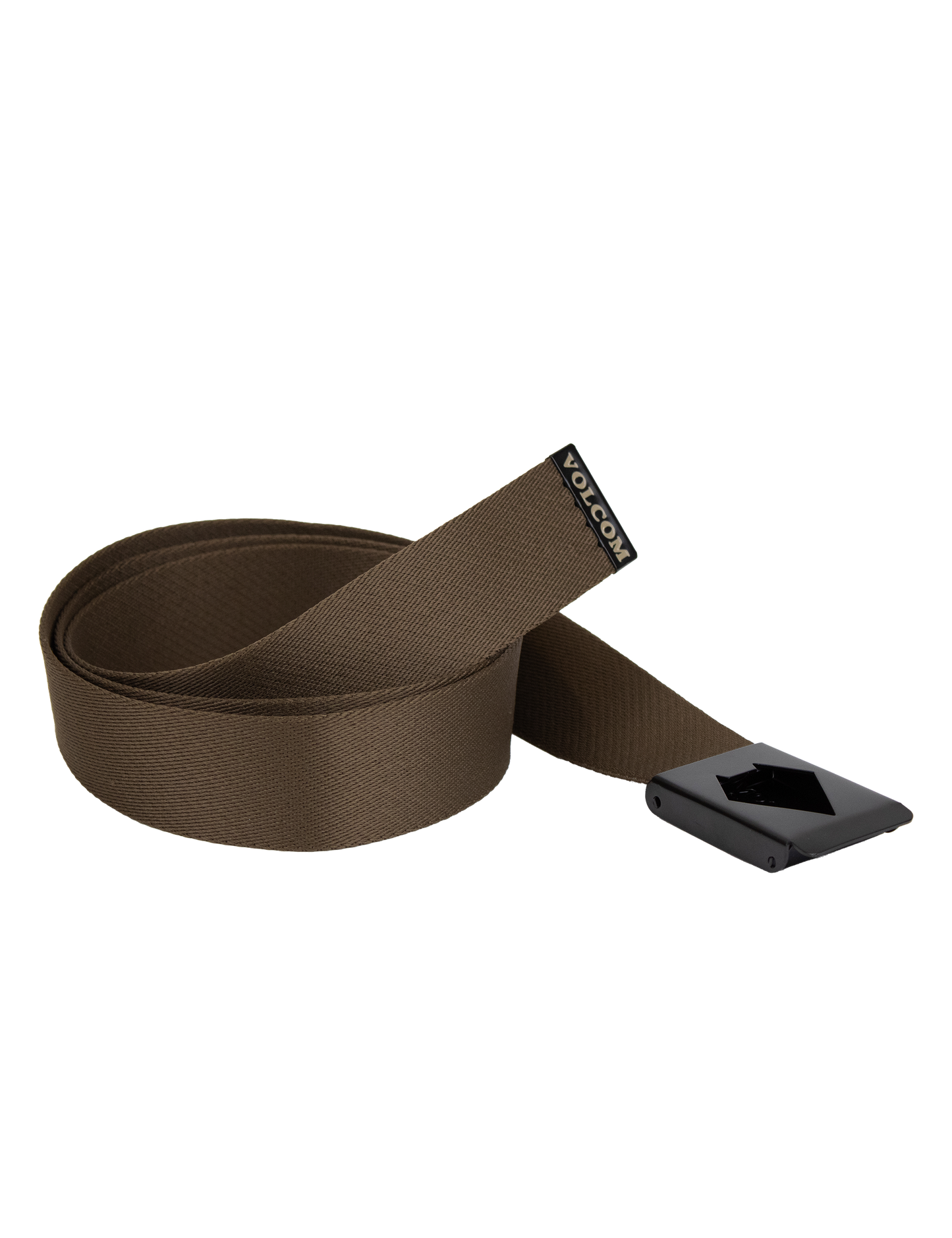 The Men's Workwear Web Belt by Volcom is shown on a white background, featuring brown fabric construction, a black rectangular metal bottle opener buckle, and a small black Volcom logo tag near the end.